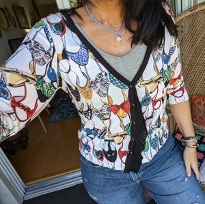 Anthropologie Imelda Shoe Print Cardigan Novelty Sweater Retro Colorful Twee